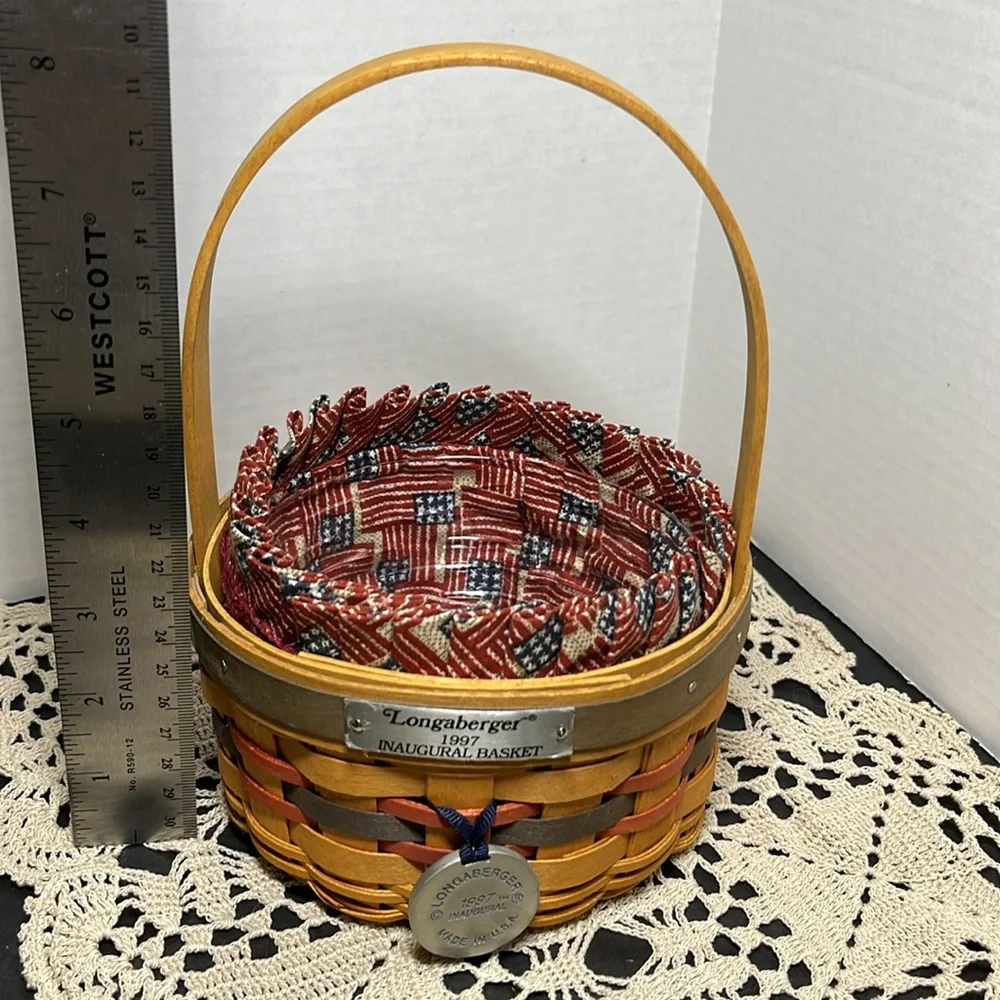 RARE 1997 yr Longaberger Inaugural Basket, Patriotic Liner, Protector & Tie-On